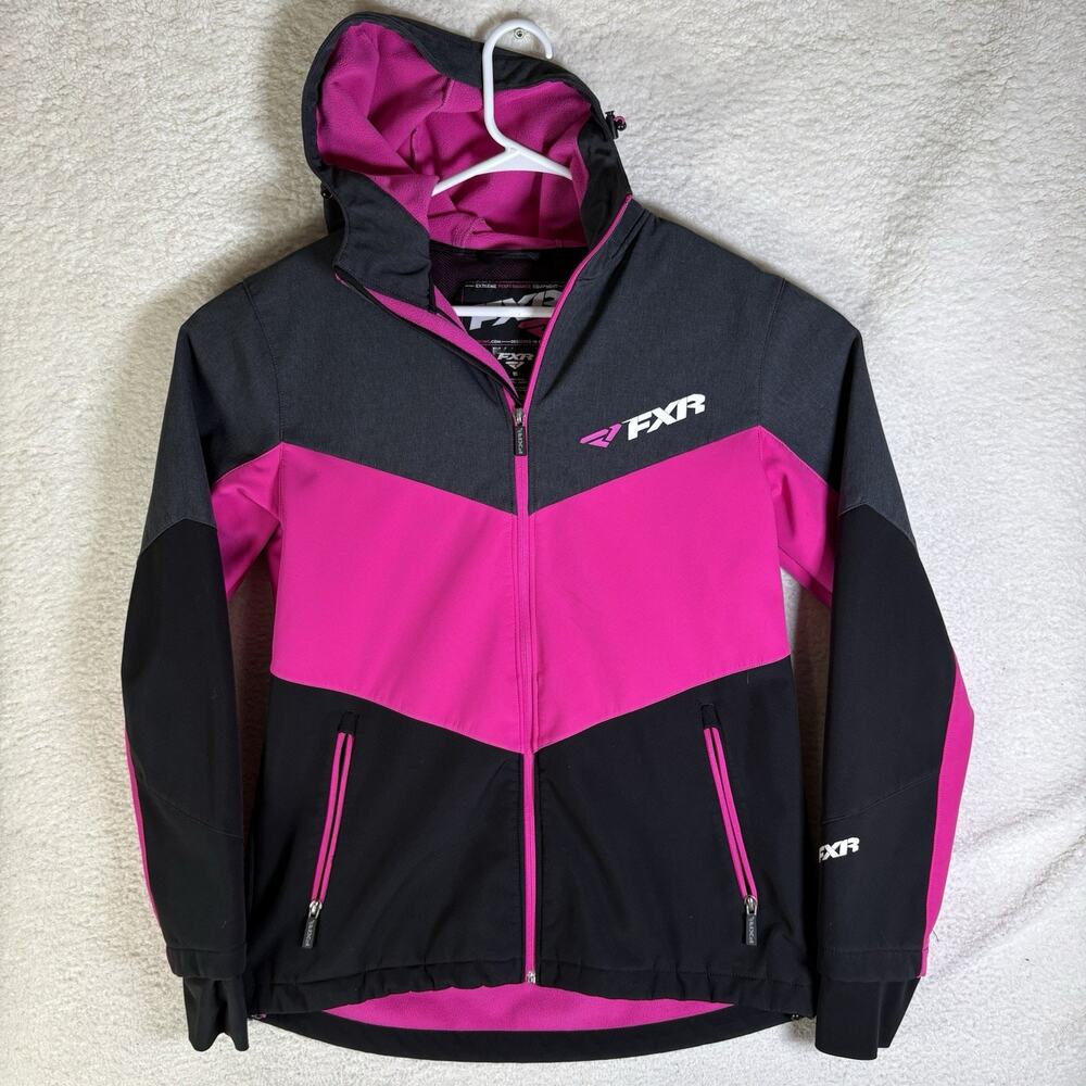 FXR Fresh Softshell Jacket Womens sz 10 Medium Pink Black Hooded Snowmobile